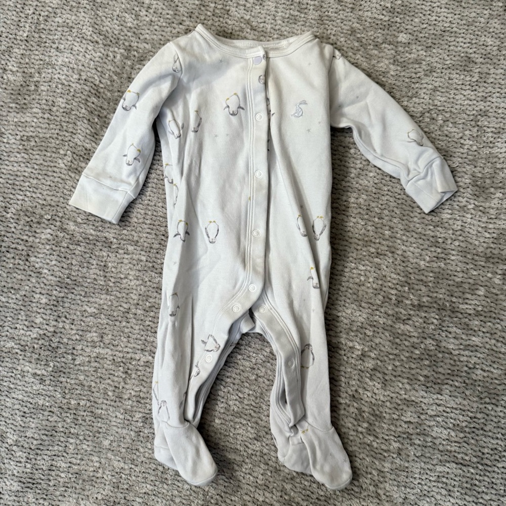 Joules Baby Penguin Print Footed Sleeper White Cotton 0–3M Long Sleeve